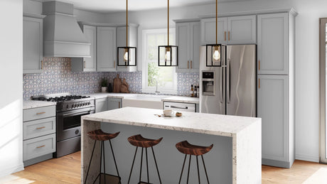 CNC Luxor Misty Grey Kitchen with tall pantry matching hood and marble countertop