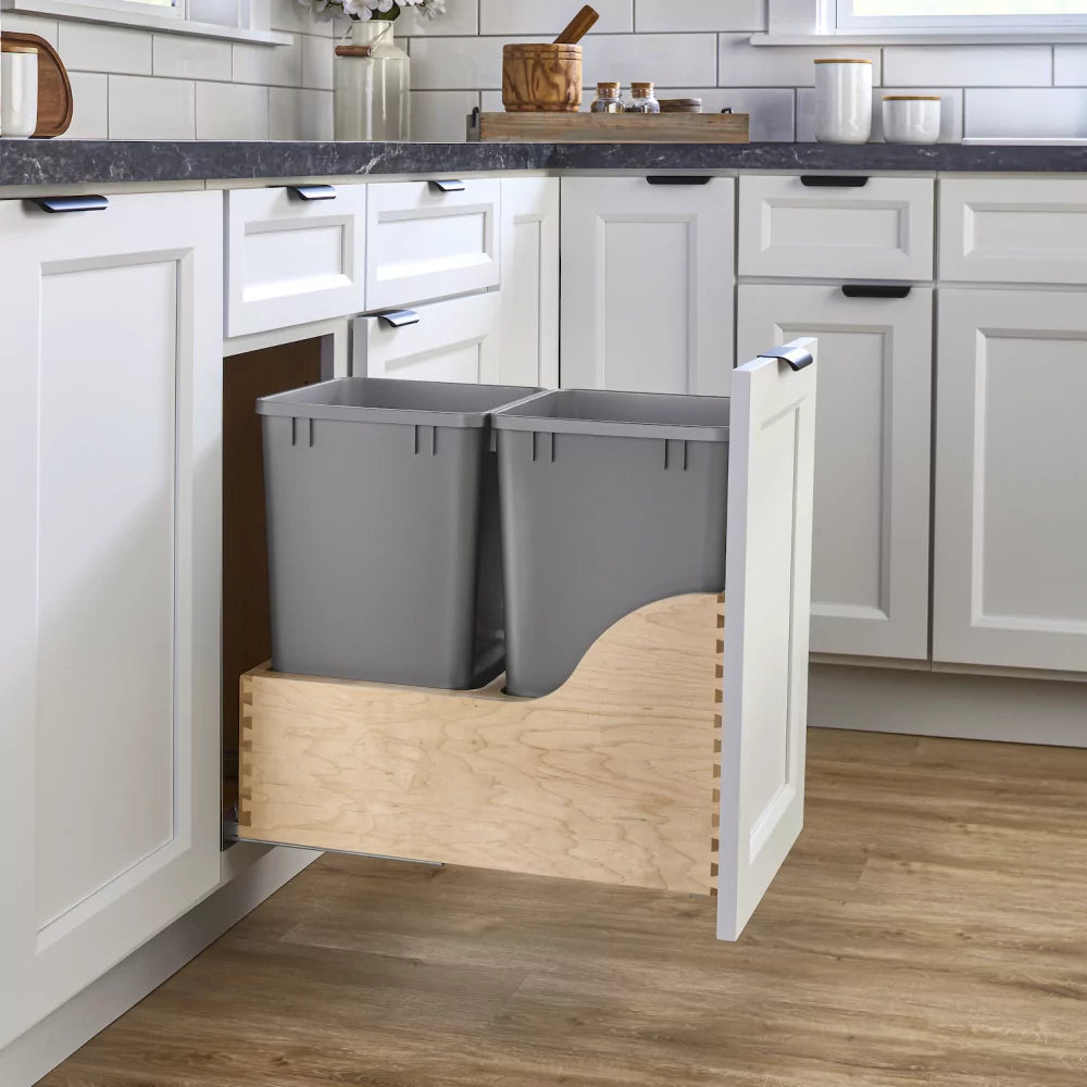 Bottom Mount Maple Trash Pullout: For 15" Cabinets w/ (2) 27 qt Bins & Blum Soft-Close