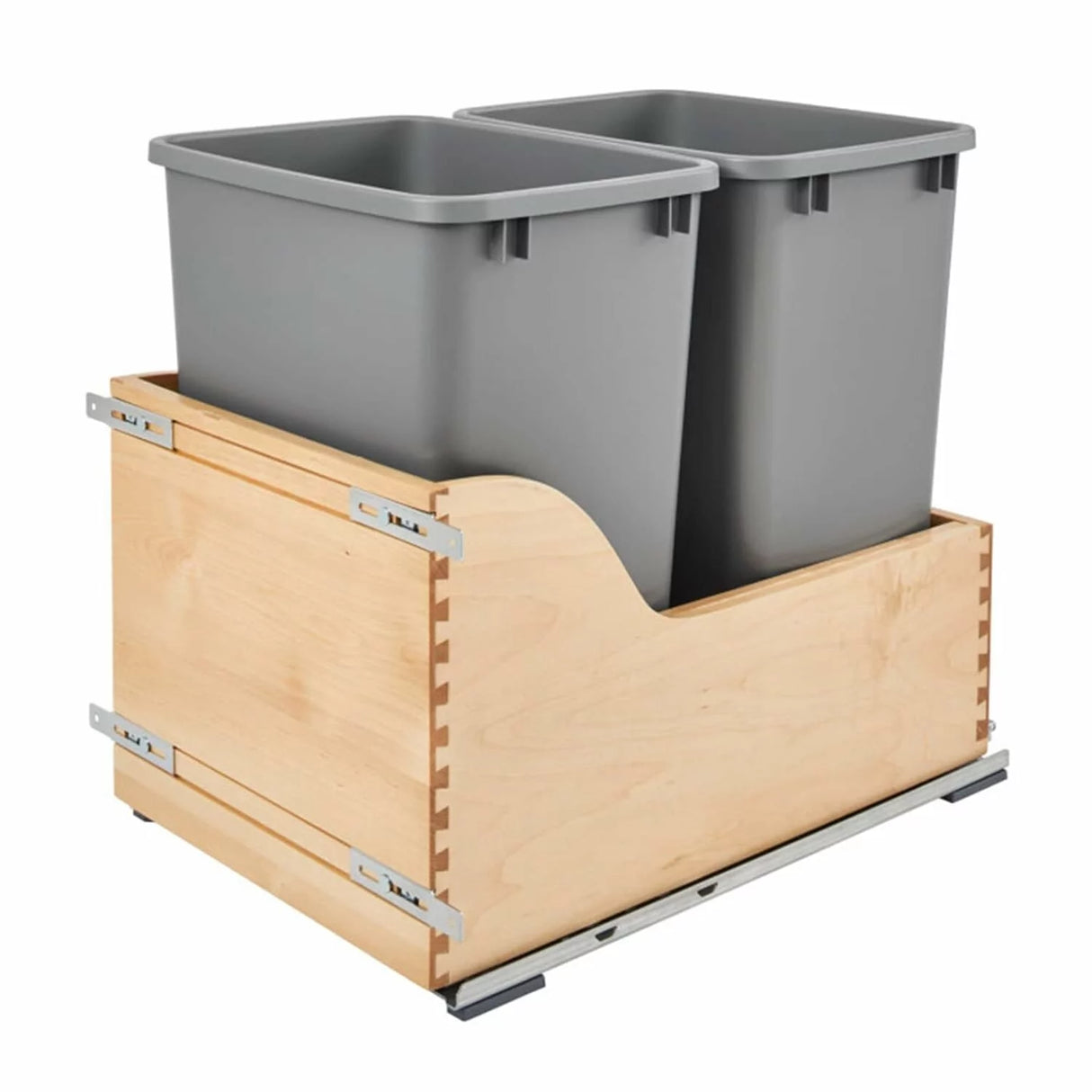 Bottom Mount Maple Trash Pullout: For 15" Cabinets w/ (2) 27 qt Bins & Blum Soft-Close