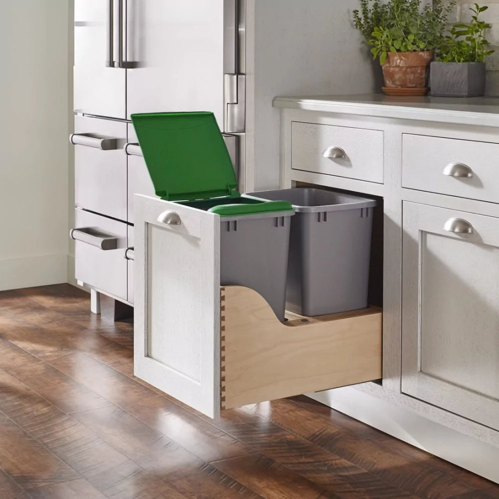 Bottom Mount Maple Trash Pullout: For 21" Cabinets w/ (2) 35 qt Bins & Blum Soft-Close