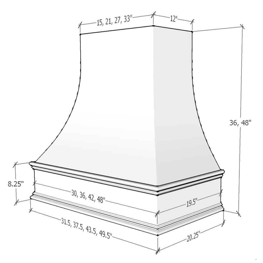 Haven Harbor Hood ASH 1V Ashville Sloped Classic Moulding Smooth Wood - hood profile drawing