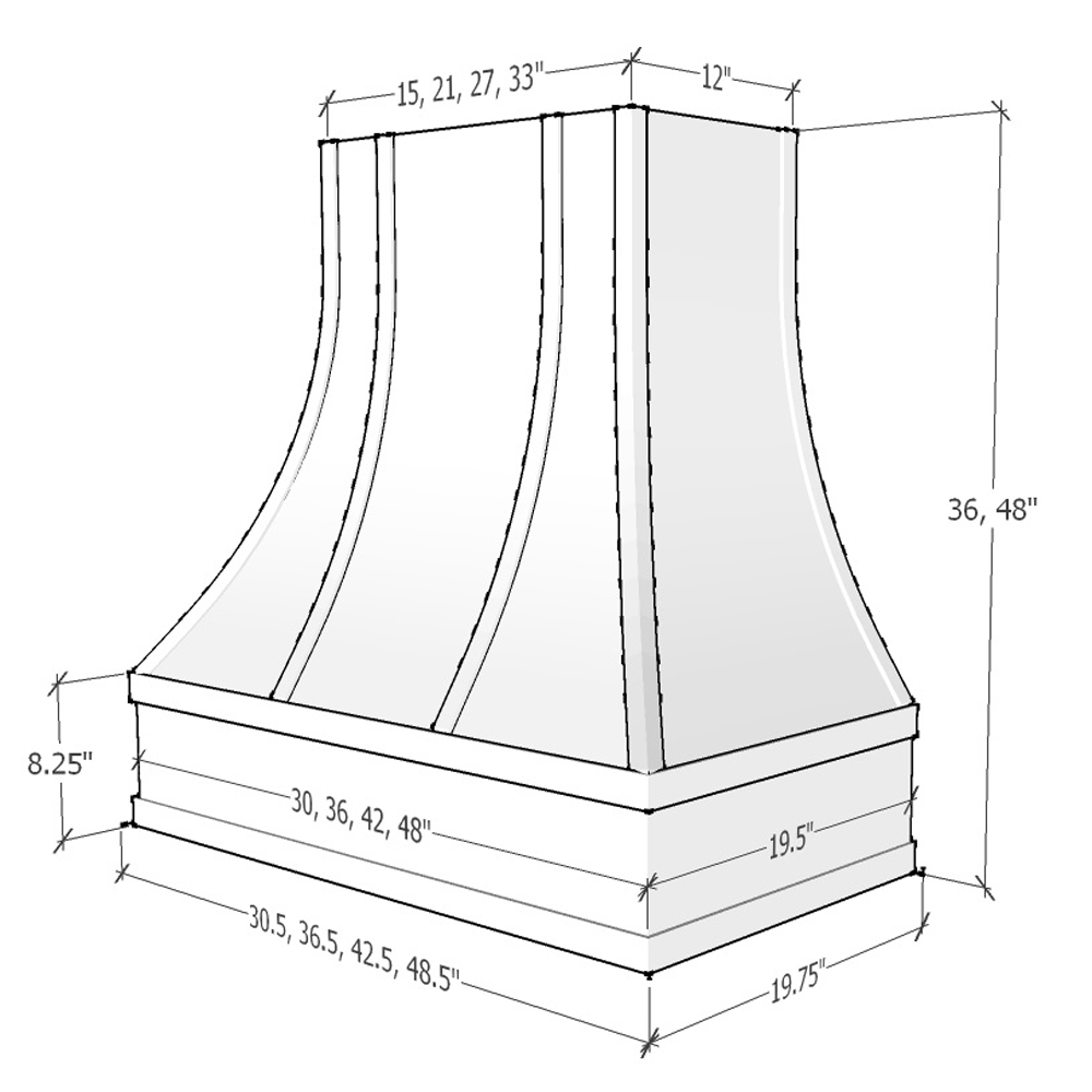 Haven Harbor Hood ASH 2V Ashville Sloped Flat Moulding Strapped Wood - hood profile drawing