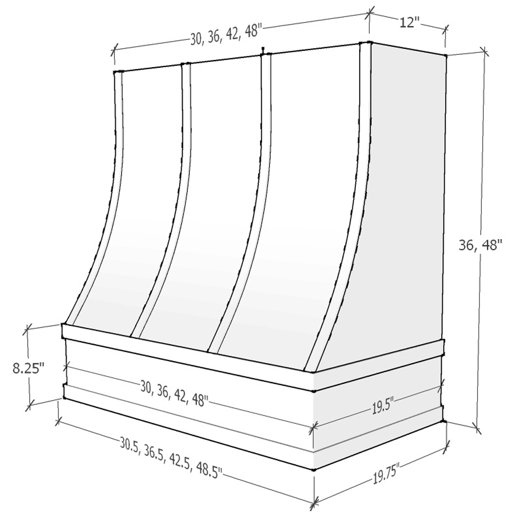 Haven Harbor Hood CHA 2V Charlotte Sloped Flat Moulding Strapped Wood - hood profile drawing