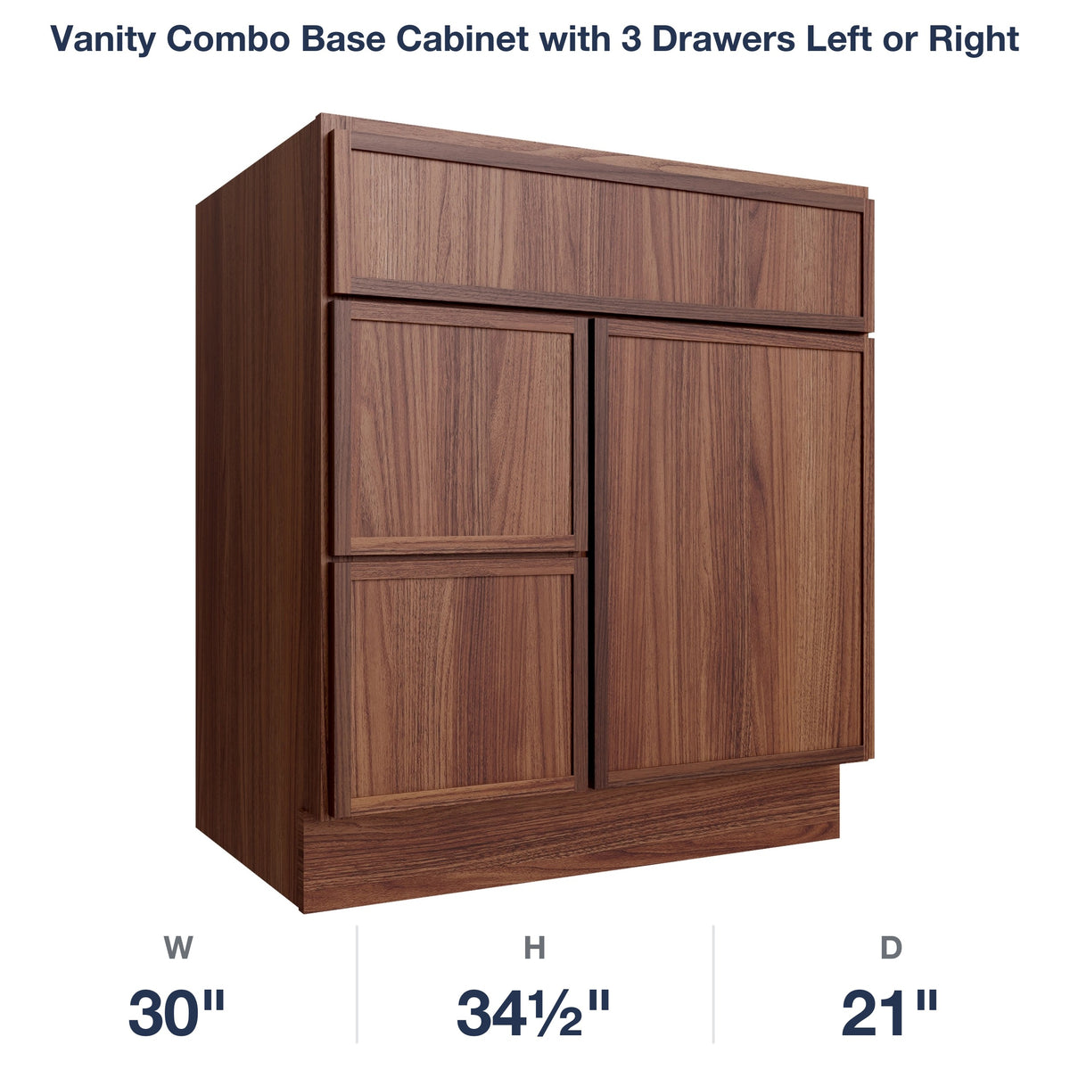 Devon-Walnut Vanity Combo Base Cabinet with 3 Drawers Left or Right