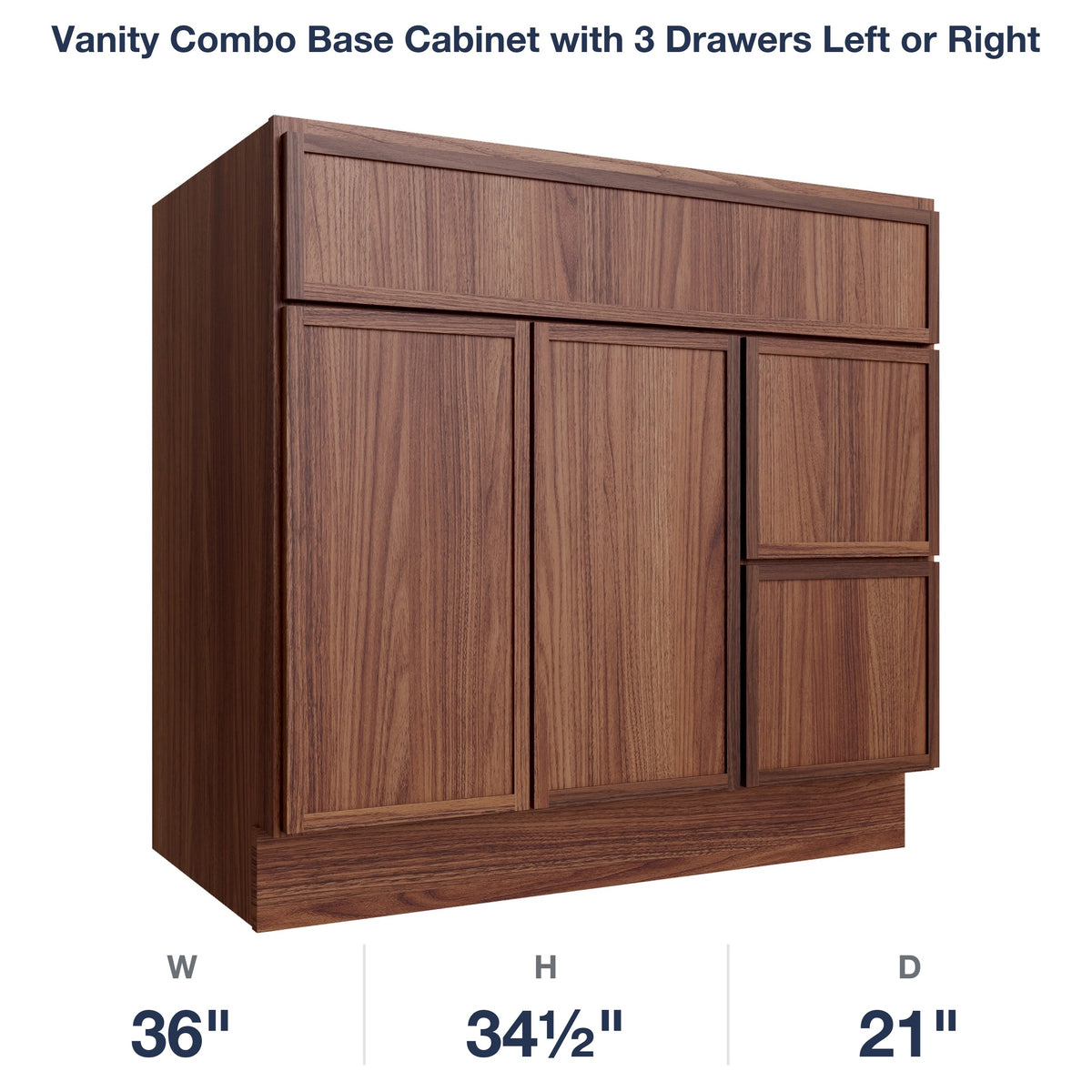 Devon-Walnut Vanity Combo Base Cabinet with 3 Drawers Left or Right