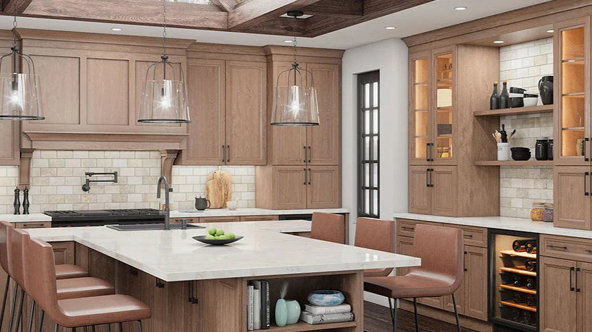 US Cabinet Depot Oxford Toffee Kitchen with large island and matching hood