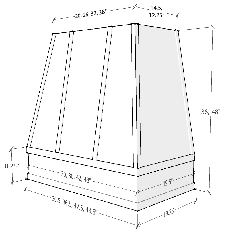 Haven Harbor Hood RAL 2V Raleigh Tapered Flat Moulding Strapped Wood - hood profile drawing
