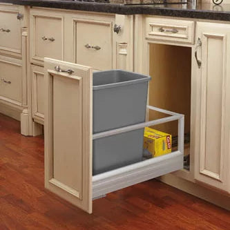 Bottom Mount Aluminum Trash Pullout: For 15" Cabinets w/ (1) 35 qt Bin & Rev-A-Motion Slides