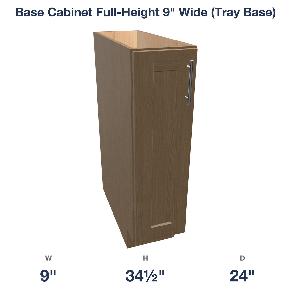 Shaker Essence Oak Base Cabinet Full-Height 9" Wide (Tray Base) - dimensions