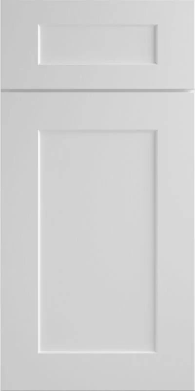 A white shaker style cabinet door with a flat panel