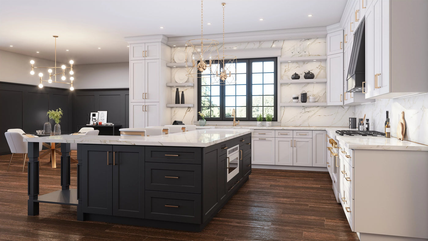 US Cabinet Depot Shaker White Kitchen cabinets with Shaker Black Island
