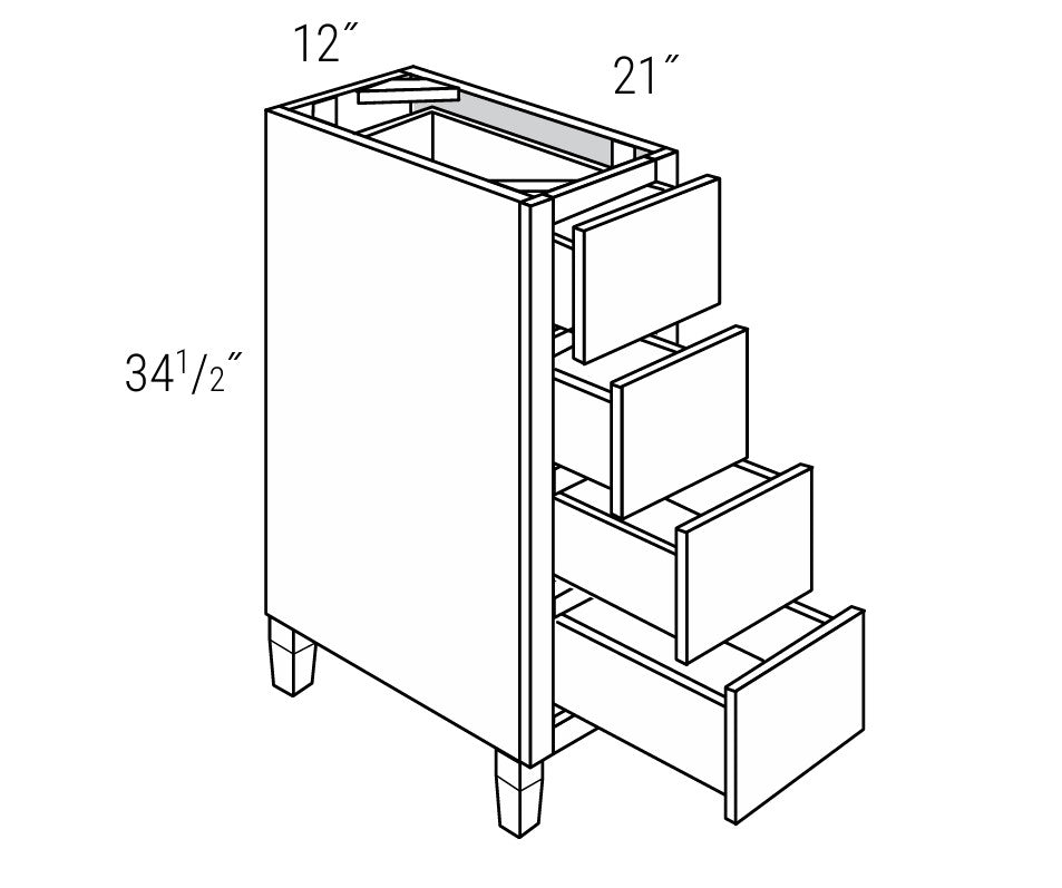 Coventry-Recessed Vanity Tapered Leg 4 Drawer Base 12" Wide