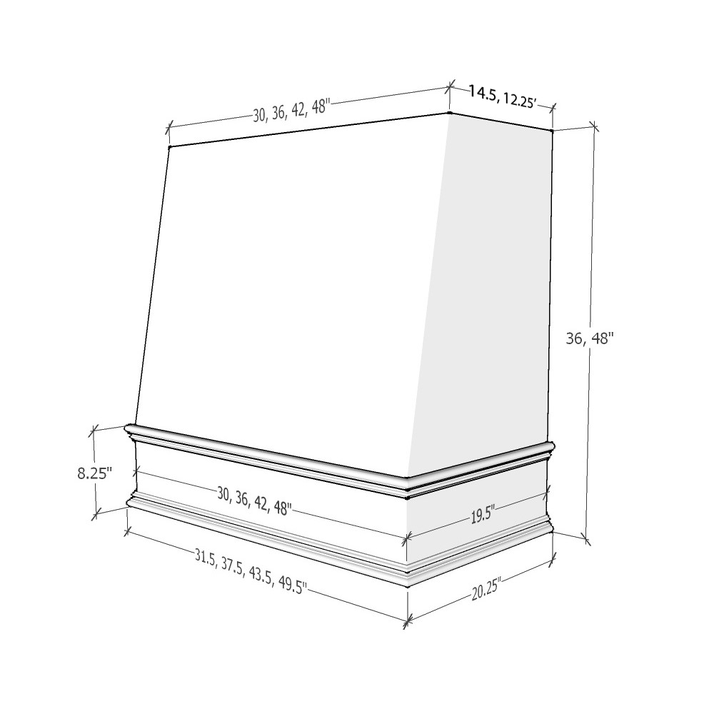 Haven Ridge Hood WIL 1V Wilmington Angled Classic Moulding Smooth Wood - hood profile drawing