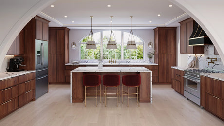 Devon Walnut Slim Shaker cabinets in Arched Kitchen with Marble Countertop