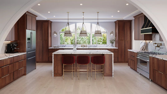 Devon Walnut Slim Shaker cabinets in Arched Kitchen with Marble Countertop