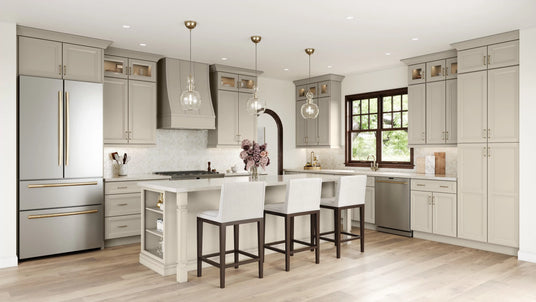Oxford Cashmere kitchen cabinets with island and white countertop