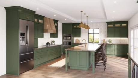 Shaker Ivy Bold Green Kitchen with honey range hood