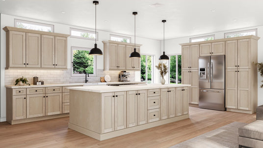 Shaker Unfinished Framed cabinets with white countertop