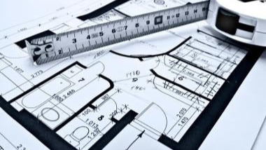 Blueprint of a room layout with a ruler and architectural model on a white background