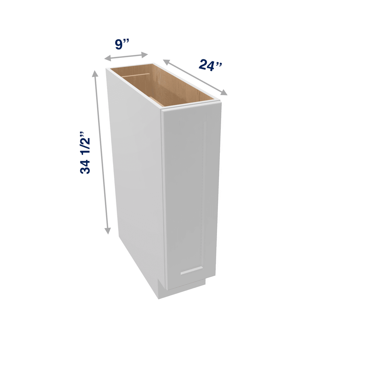 Luxor-White Assembled Base Cabinet 1 Door Full-Height 9" Wide (Tray Base)