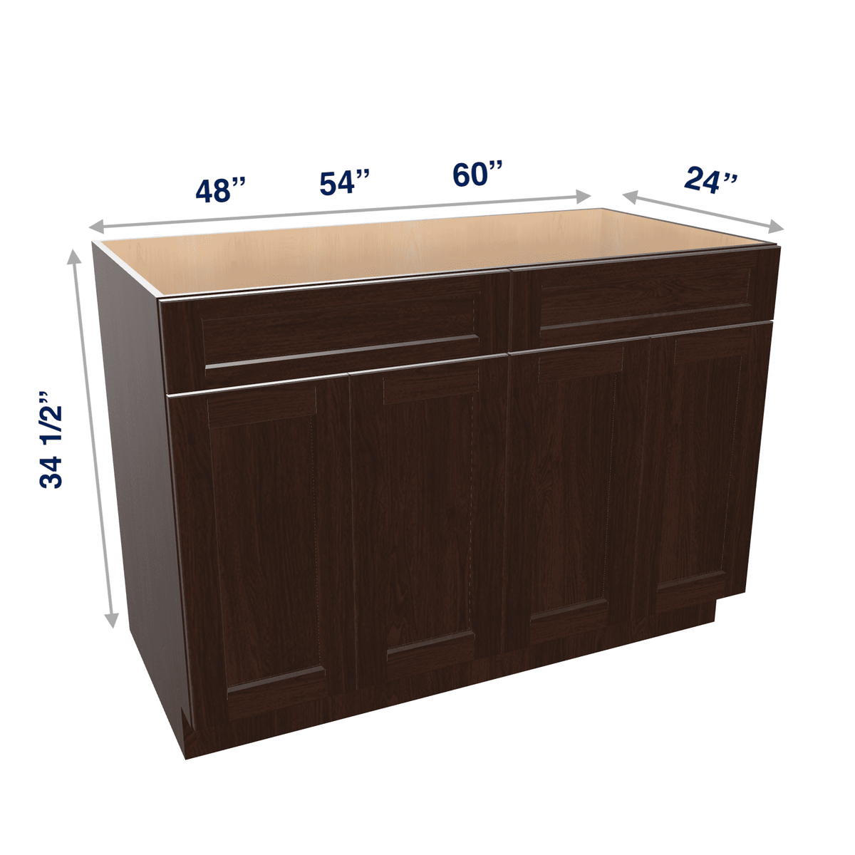 Espresso Assembled Base Cabinet Sink - 4 Doors 48" - 60" Wide