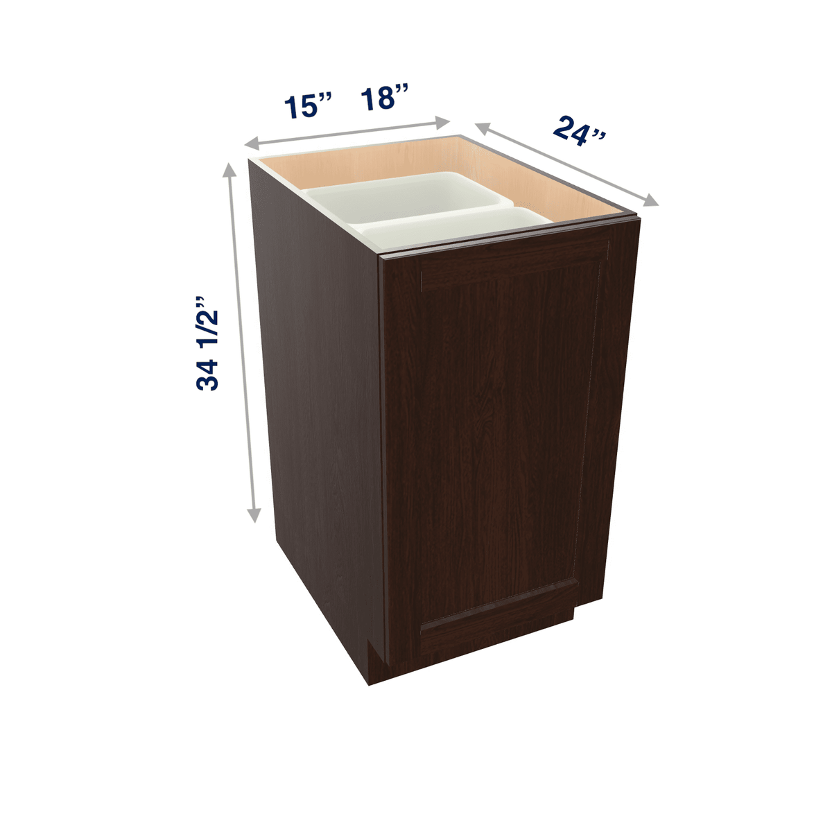 Espresso Assembled Base Cabinet Recycle / Trash Can Full Height Pullout 15" or 18" Wide