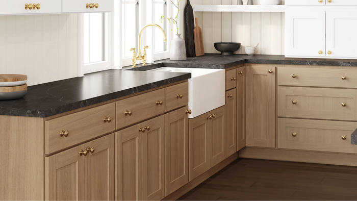 CNC Luxor Harvest stained cabinets with slab drawer fronts