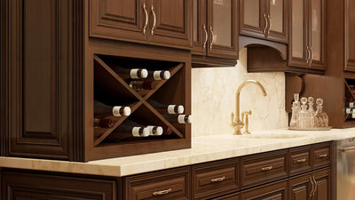 Closeup of US Cabinet Depot Casselberry Saddle Kitchen cabinets wet bar wine storage