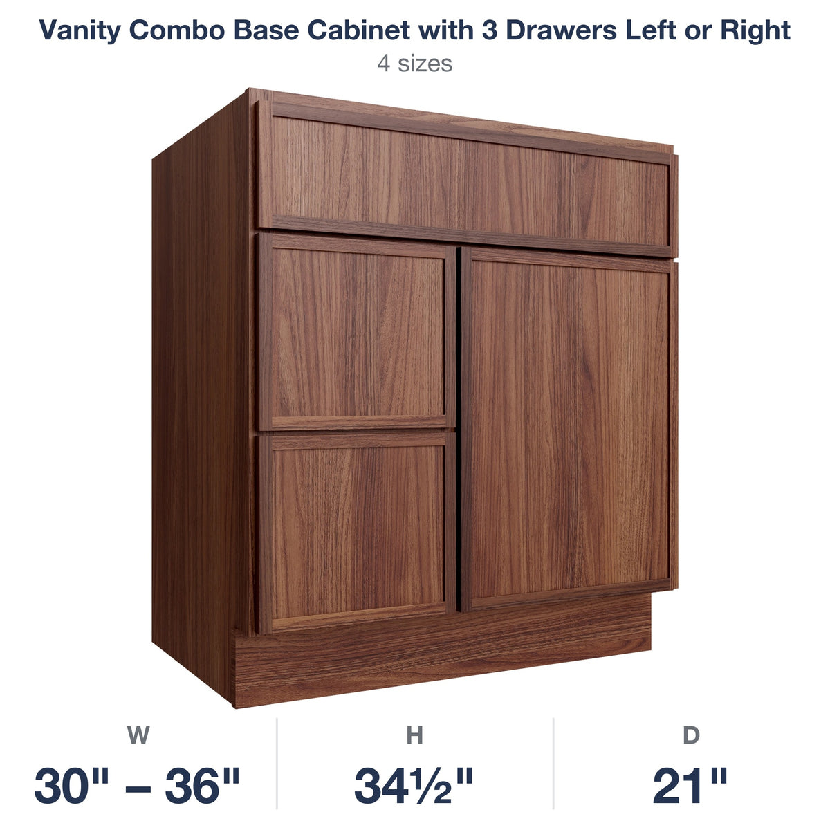 Devon-Walnut Vanity Combo Base Cabinet with 3 Drawers Left or Right