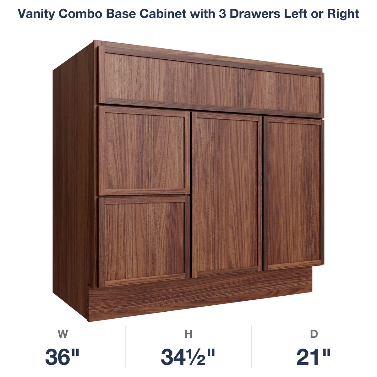 Devon-Walnut Vanity Combo Base Cabinet with 3 Drawers Left or Right