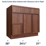Devon-Walnut Vanity Combo Base Cabinet with 3 Drawers Left or Right