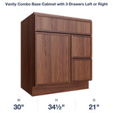 Devon-Walnut Vanity Combo Base Cabinet with 3 Drawers Left or Right