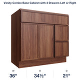 Devon-Walnut Vanity Combo Base Cabinet with 3 Drawers Left or Right