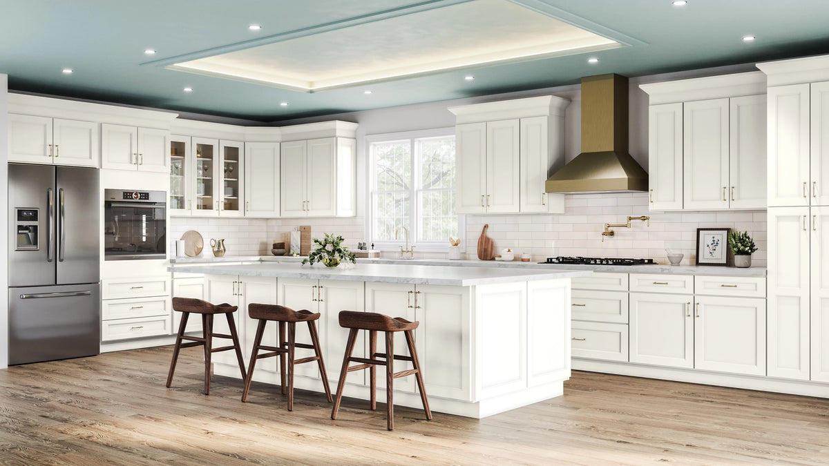 Modern kitchen with Haven Dune cabinets, stainless steel appliances, and wooden flooring.