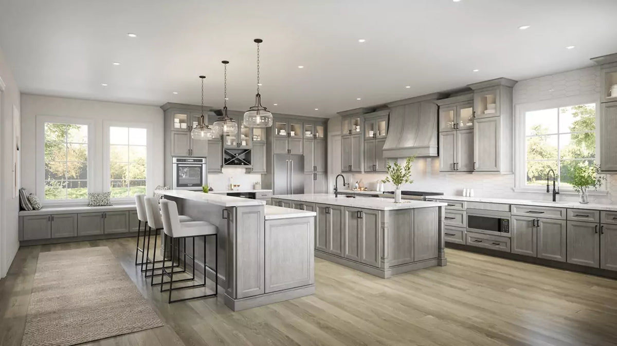 US Cabinet Depot Oxford Mist Kitchen Cabinets with bench and glass toppers.  