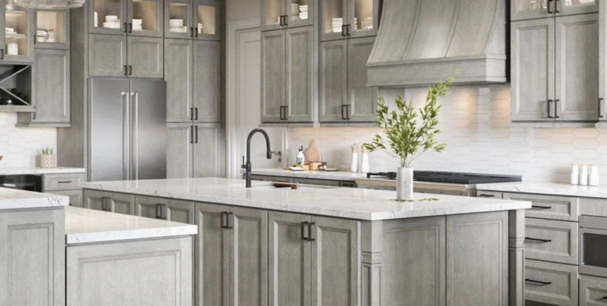US Cabinet Depot Oxford Mist Kitchen  cabinets with Island and glass storage.  
