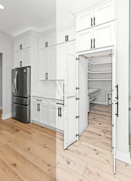 Modern kitchen with white cabinets, stainless steel refrigerator, and open pantry.