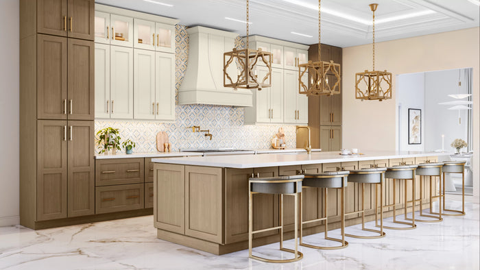 US Cabinet Depot Shaker Essence Oak and Antique White cabinets in modern kitchen with white countertops.