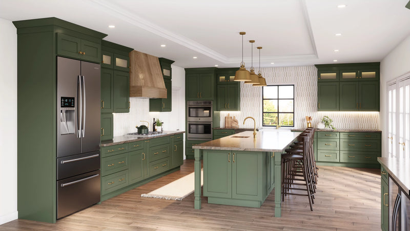 Stylish shaker green with green cabinetry and stainless steel appliances.