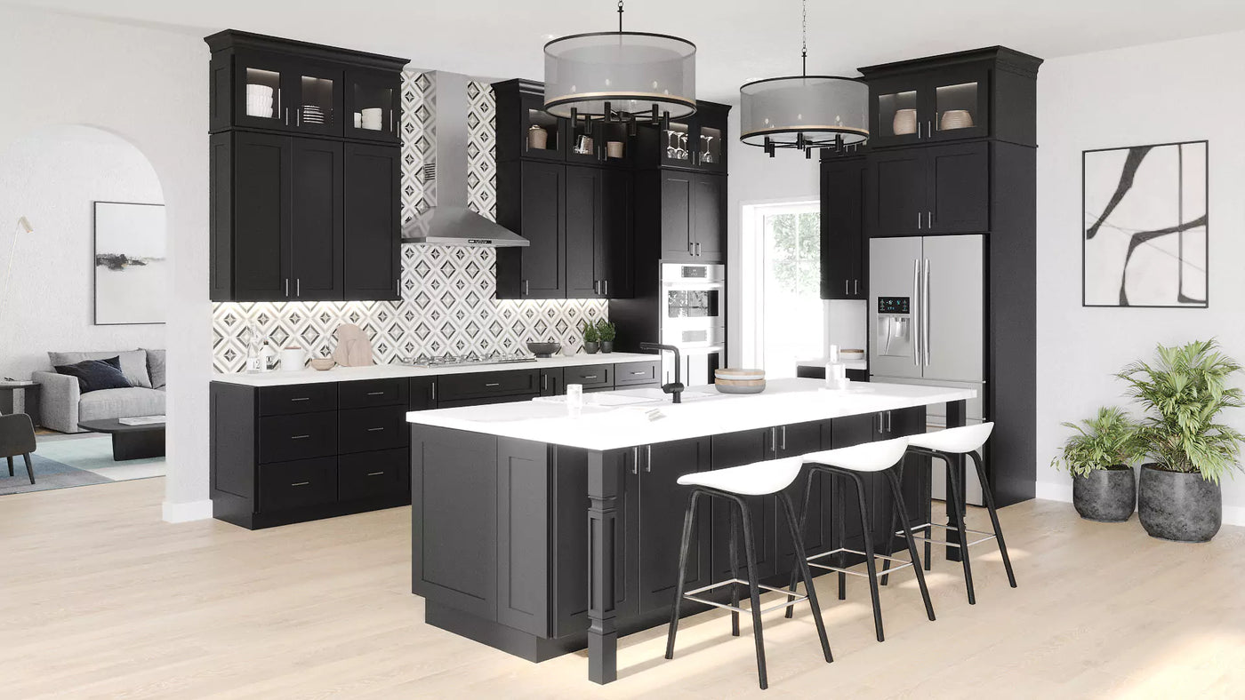 Modern US Cabinet Depot Shaker Black Kitchen cabinets with topper glass cabinets