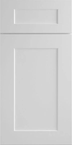 A white shaker style cabinet door with a flat panel