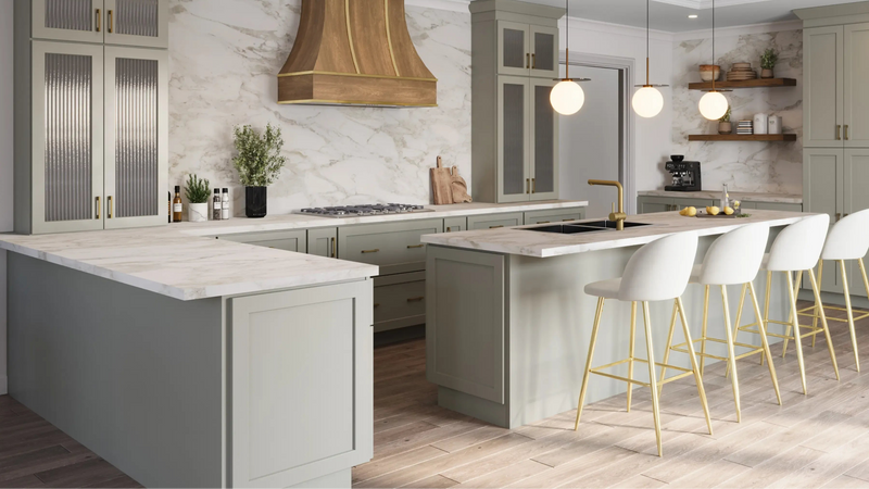 Premier Shaker Moss green Kitchen cabinets with reeded glass countertop cabinets