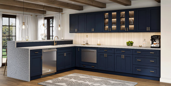 US Cabinet Depot Shaker Navy Kitchen with lit glass cabinets and stemware 