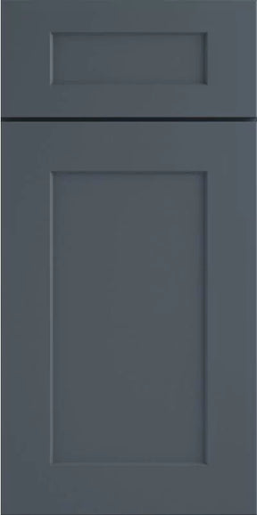 A sample shaker style cabinet door in a storm gray color.