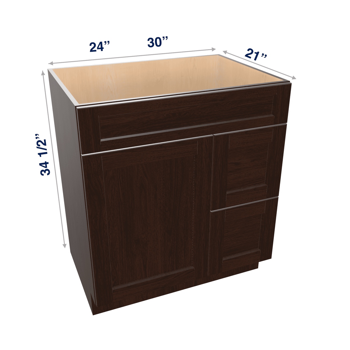 Espresso Assembled Vanity Combination Base Cabinet with 1 Door 2 Drawers Left or Right