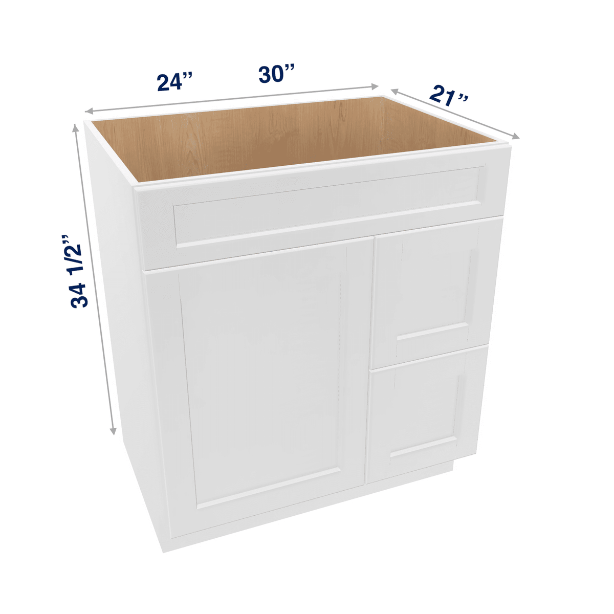 Luxor-White Assembled Vanity Combination Base Cabinet with 1 Door 2 Drawers Left or Right