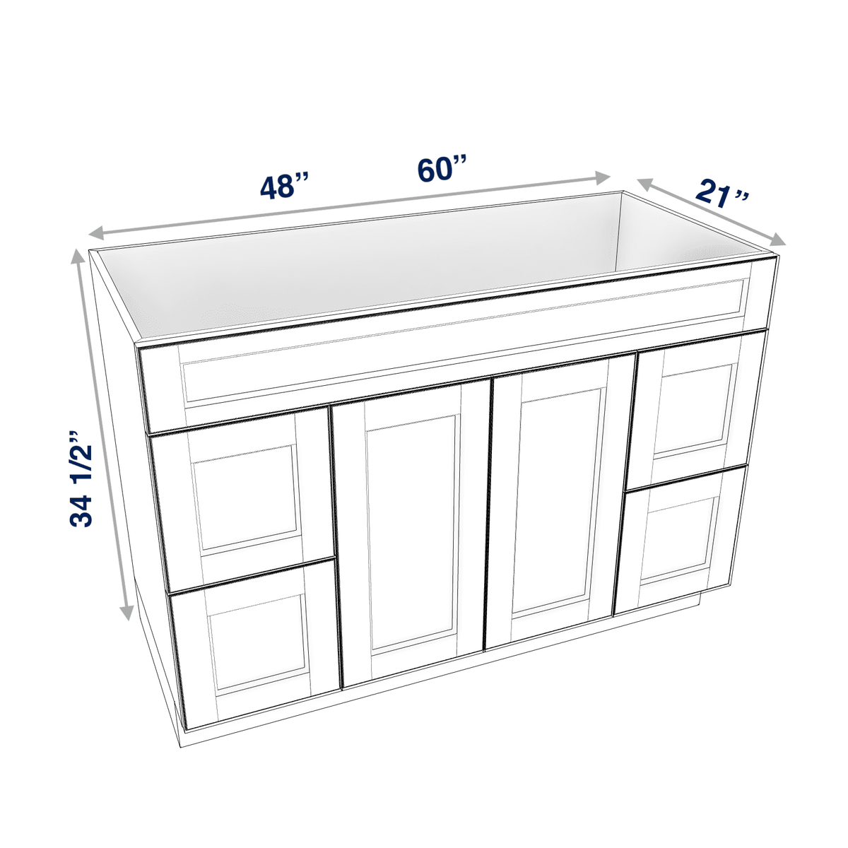 Smoky-Grey Assembled Vanity Combination Base Cabinets 48" - 60" Wide 2 Door 4 Drawer