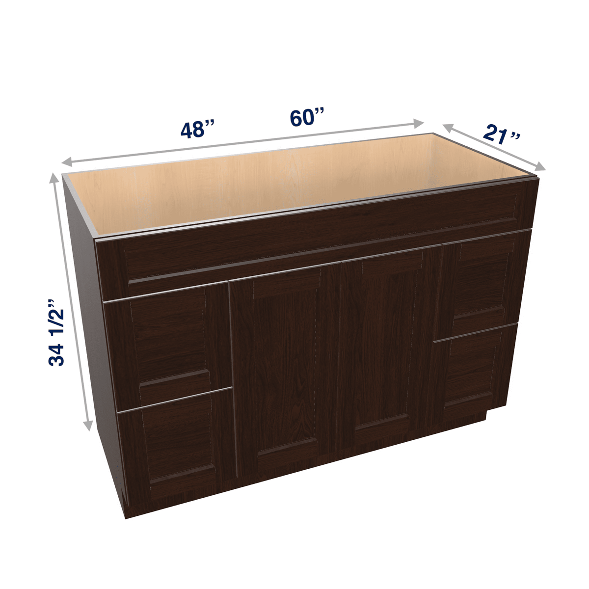 Espresso Assembled Vanity Combination Base Cabinets 48" - 60" Wide 2 Door 4 Drawer