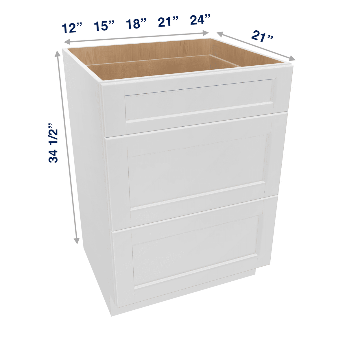 Luxor-White Assembled Vanity 3 Drawer Base Cabinet