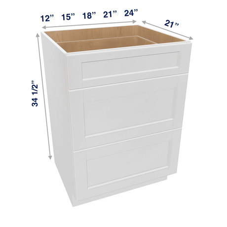 Luxor-White Assembled Vanity 3 Drawer Base Cabinet